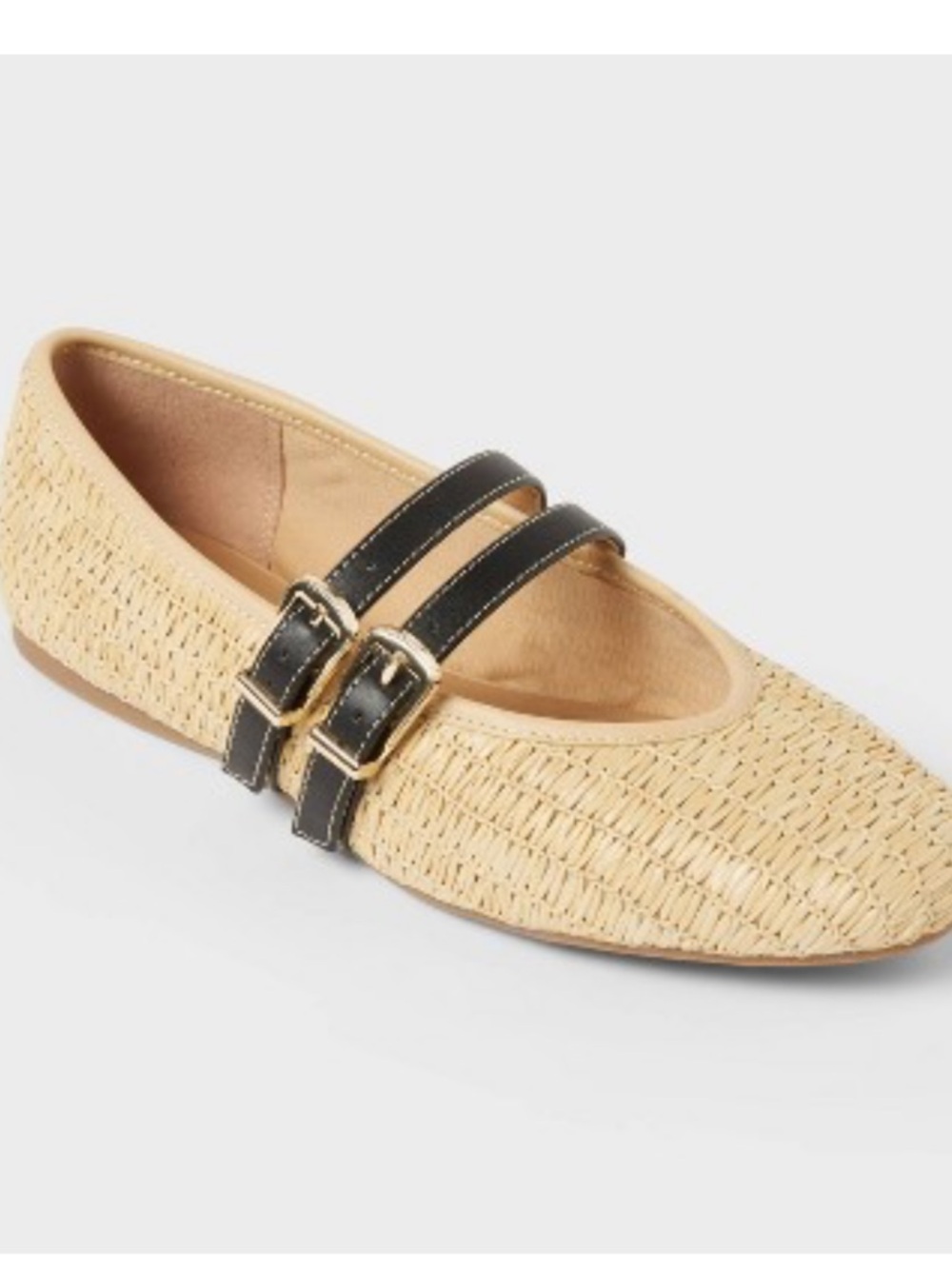 Universal Thread Henrietta Mary Jane Straw/Raffia Ballet Flats Double Blk Straps